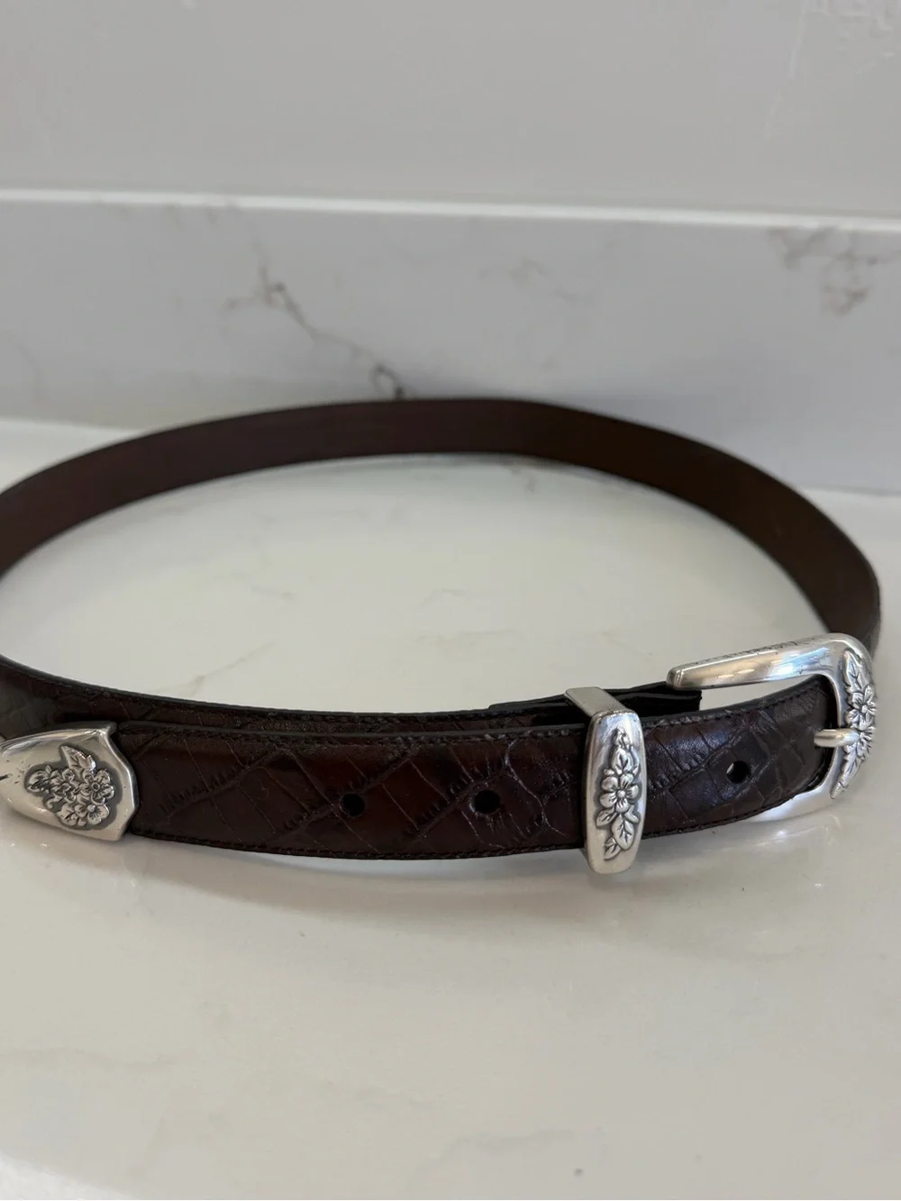 Vintage Croc Leather Belt Silver Buckle Floral Etched Size Large Women’s